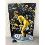 A psychedelic oil on canvas featuring a nude woman and flying mushrooms signed bottom right A