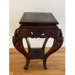 A Chinese hardwood lamp table on ornate curved legs (43cm sq x 75cm H)