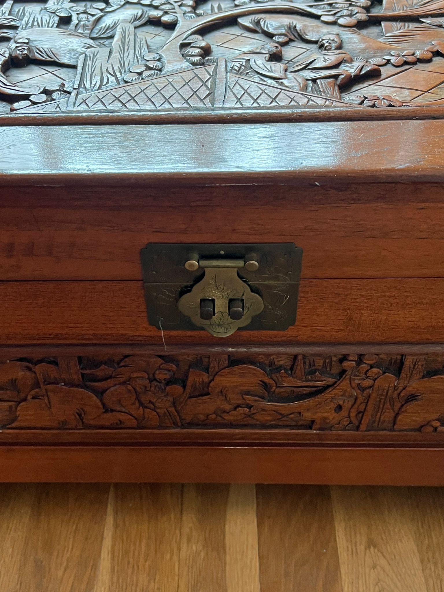 A camphor chest with brass fittings and carved pastural scene (74cm x 36cm x 40cm) - Image 5 of 7