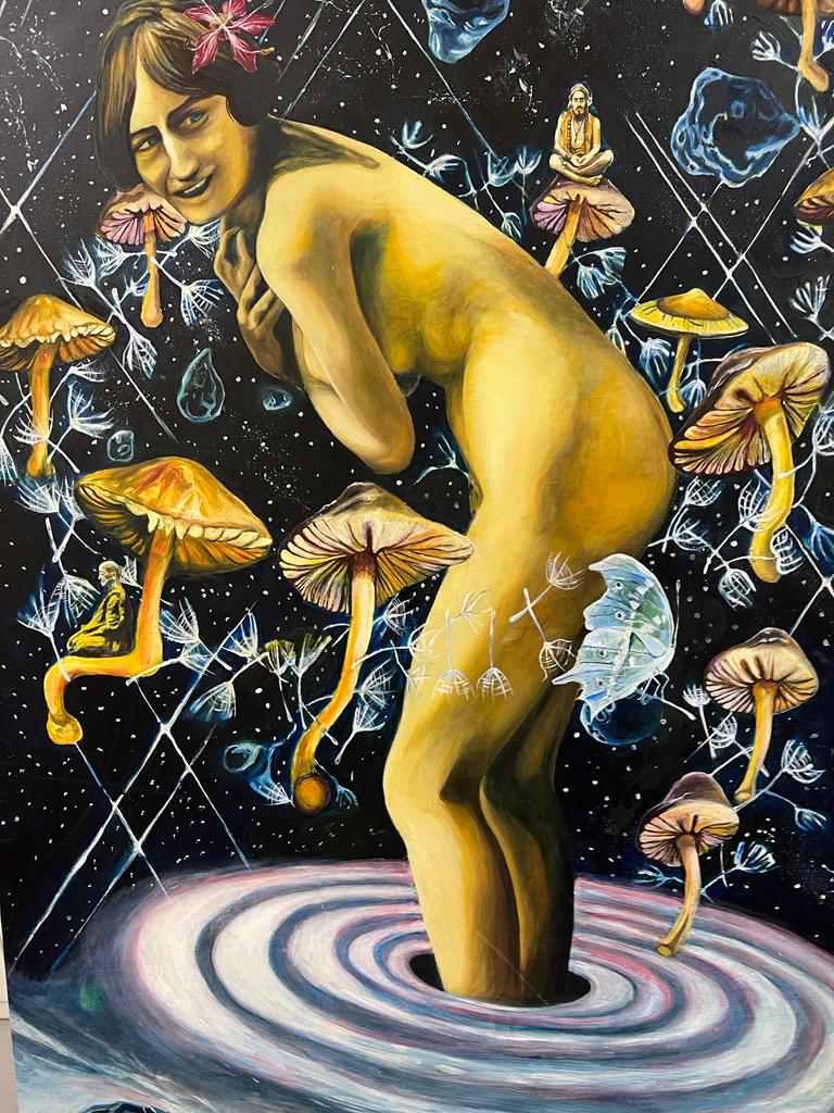 A psychedelic oil on canvas featuring a nude woman and flying mushrooms signed bottom right A - Image 2 of 5