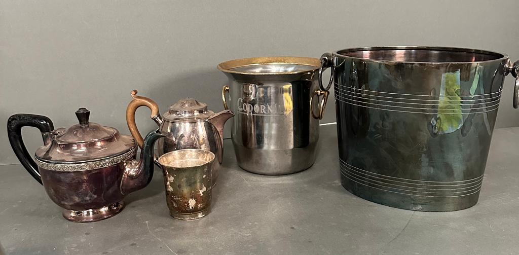 A small selection of silverplated items to include ice buckets and tea pots.