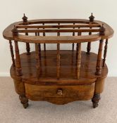 A Burr walnut Canterbury with slender spindles, dividers, drawer on turned legs (H 57cm x 60cm x