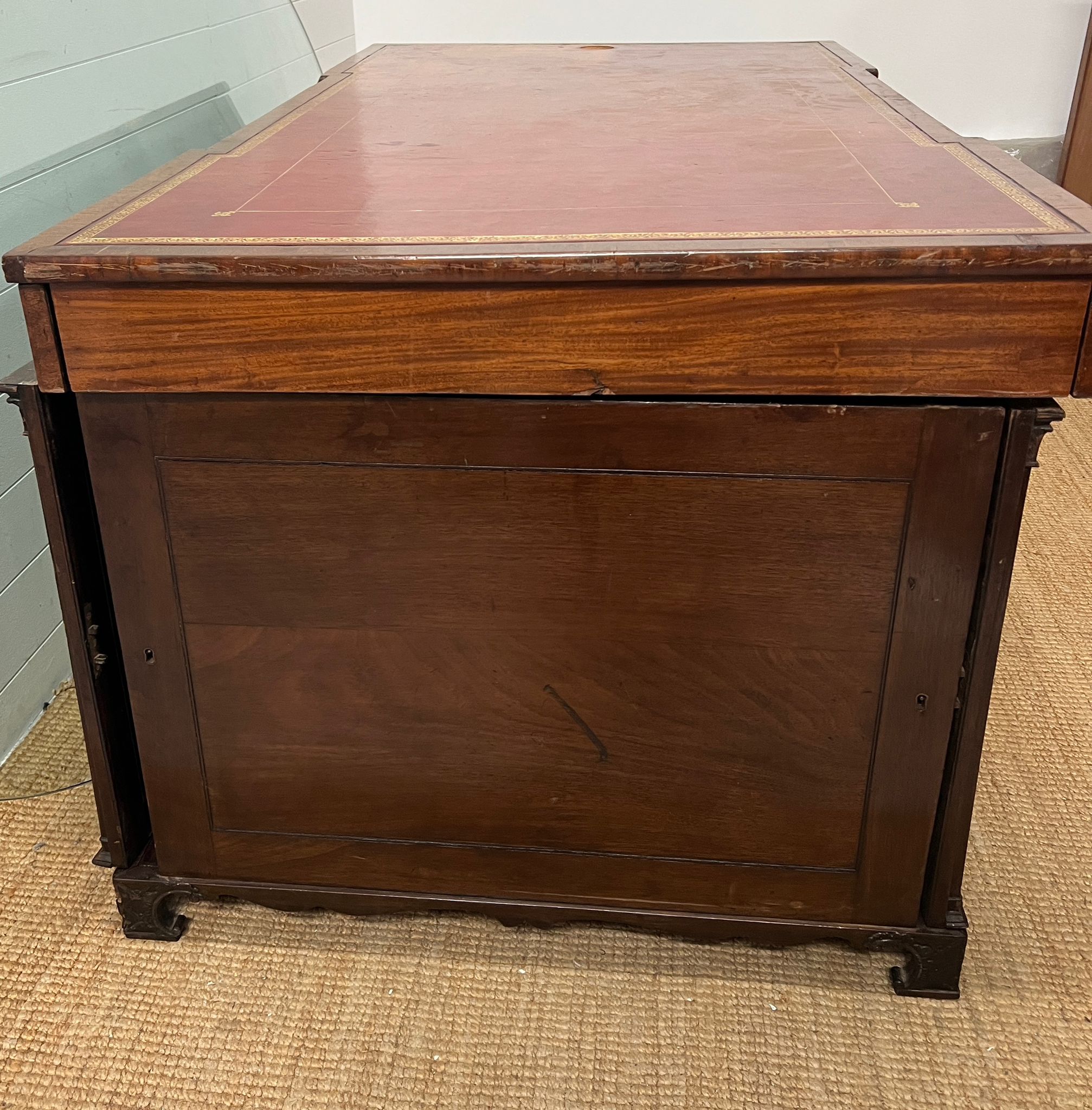 A early 20th Century double pedestal desk mahogany partners desk with a gold tooled red leather - Image 3 of 8