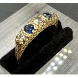 18 carat yellow gold Victorian sapphire and diamond 5 stone ring.