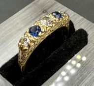 18 carat yellow gold Victorian sapphire and diamond 5 stone ring.