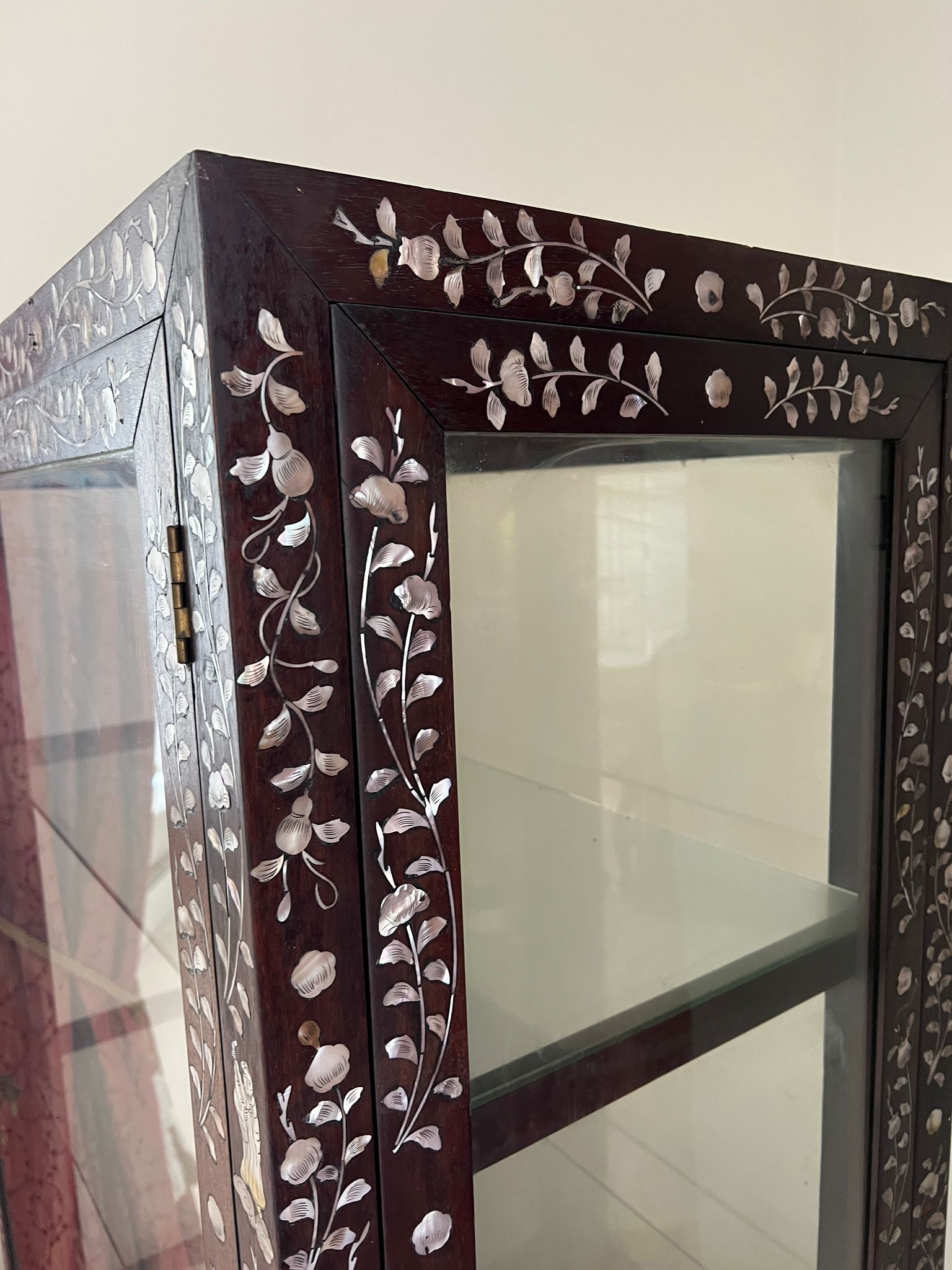 A hardwood, double side opening Chinese display cabinet with mother of pearl inlay and three glass - Image 3 of 6