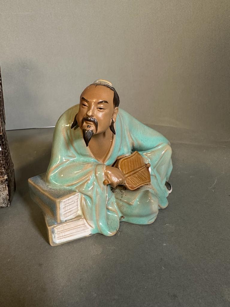 A selection of Chinese items to include two stone figures, two china figures, an AF rose quartz - Image 5 of 5