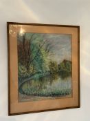 A pastel of a lake scene signed lower left (40cm x 33cm)