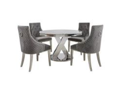 Dolce Round Dining Table and 4 Button Back Dining Chairs in grey by Mark Webster. Table boxed