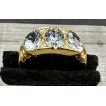 18 carat yellow gold aquamarine and diamond 3 stone ring.