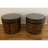 A pair of Oriental papier-mâché lidded boxes with glass tops, being used as lamp tables. (H 32cm x