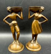 Two Art Noveau style candle sticks of a man and women carrying bowls