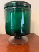 A large Mid Century green glass lidded pot on a footed base (H30cm Dia20cm)