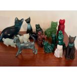 A selection of jade glass and pearlized miniature cats(H8.5cm)