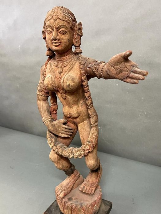 A wooden sculpture of a dancing Apsara Indian lady (H65cm)