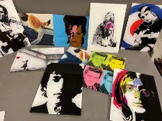 Ten mirrored printed music tiles, Queen, Beatles etc (29.5cm x 21cm)