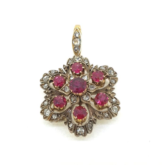 Vintage ruby and diamond flower pendant - natural rubies