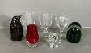 A selection of glass and art glass to include Queen Elizabeth II commemorative rummers,