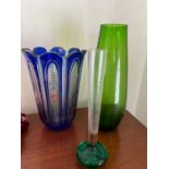 Three pieces of coloured glass vases, various ages