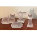 Four frosted glass cats, one stamped Nacht Mann