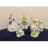 A selection of five Royal Worcester figures, First Dance, Winter Waltz and Snowy etc