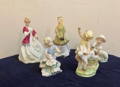 A selection of five Royal Worcester figures, First Dance, Winter Waltz and Snowy etc