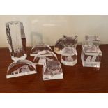 Nine paperweights etched with cats, one by Mats Jonasson Sweden glass and one lead crystal