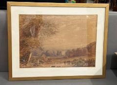 A water colour of a landscape scene of cattle drinking and lady walking by lake unsigned 50cm x 35cm