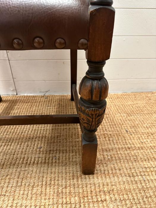 An oak brown leather studded upholstered open armchair on carved legs - Image 3 of 4