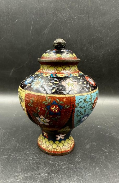 A Cloisonne lidded jar, approximate height 13cm