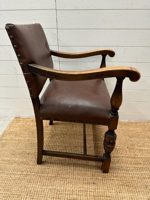 An oak brown leather studded upholstered open armchair on carved legs - Image 2 of 4