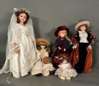 A selection of five collectable dolls, various makers and styles.
