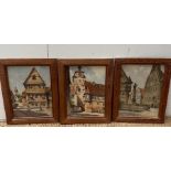 Three pine framed watercolours of German town scenes.