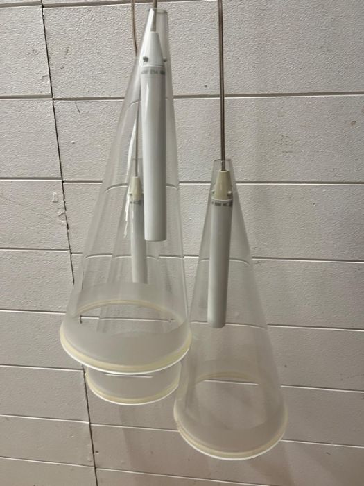 A Mid Century three light lantern, the three clear conical drop down on cords - Image 2 of 3