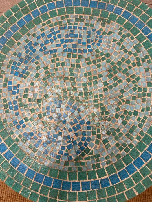 A blue painted circular table with green and blue mosaic top and shelf under - Image 3 of 3