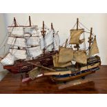 Two sailing boats, HMS Victory and Golden Hind (H45cm W45cm)