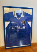 A framed Chelsea FC shirt with signatures including Robert Di Matteo, Gus Poyet and Graham Leseaux