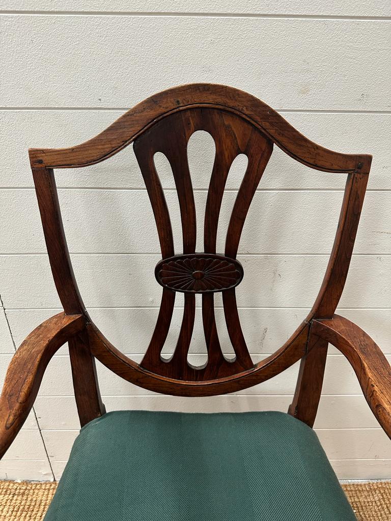 A mahogany shield back open armchair upholstered in green - Image 2 of 4