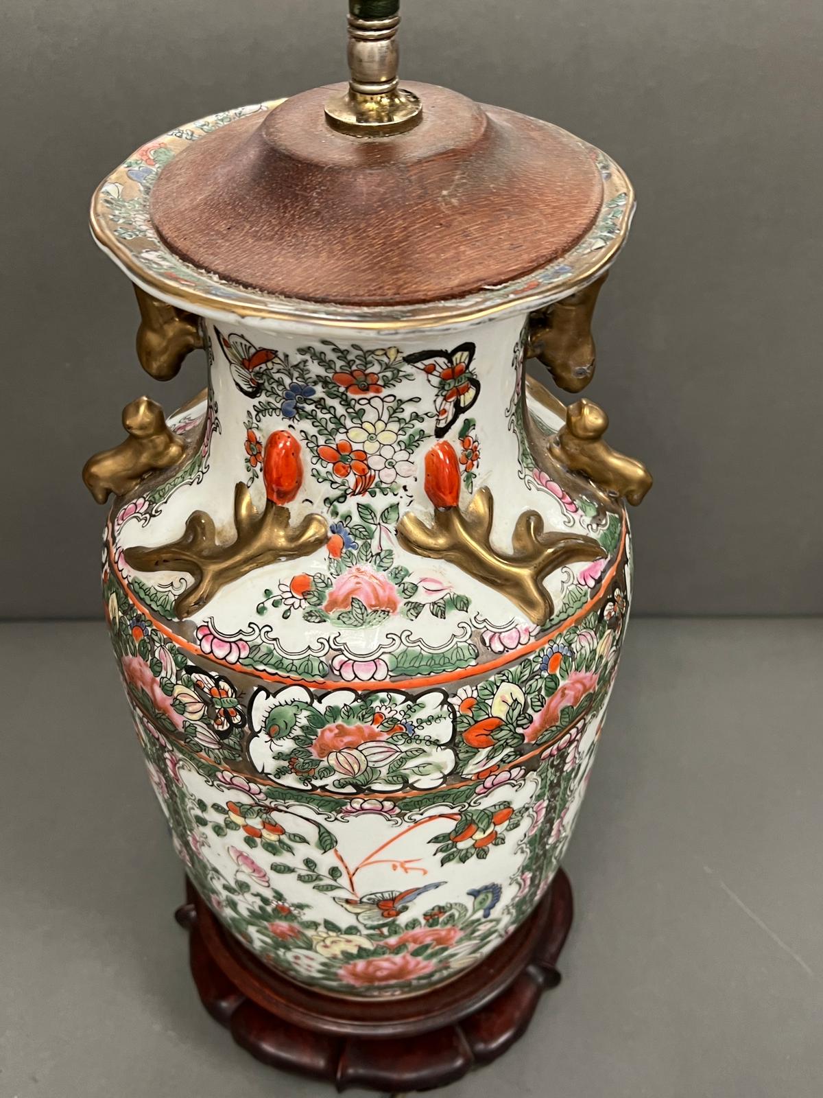 A Chinese Canton Famille Rose vase, decorated floral and foliate scroll ground, converted to a lamp - Image 2 of 6