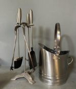 A white metal and chrome fireside set to include coal scuttle, brush, poker and shovel