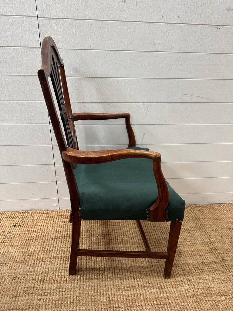 A mahogany shield back open armchair upholstered in green - Image 3 of 4