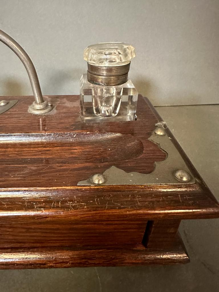 An oak ink stand or desk tidy with two ink wells and drawers under - Image 4 of 4