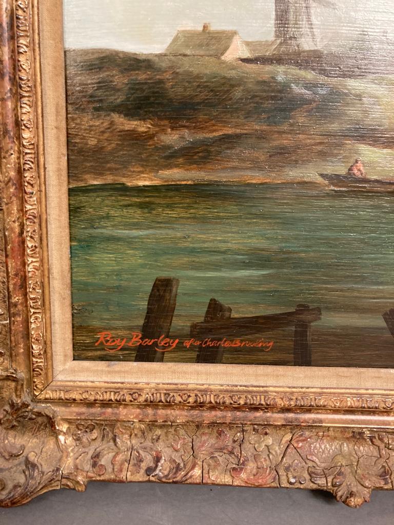 Roy Barley (After Charles Brooking) oil on board in gilt frame of a coastal scene with fort (90cm - Image 5 of 5