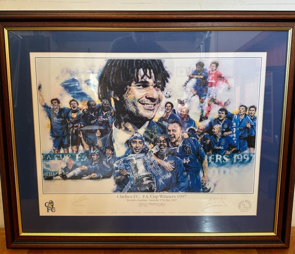 A framed commutative poster of Chelsea FC celebrating their 1997 FA Cup wins
