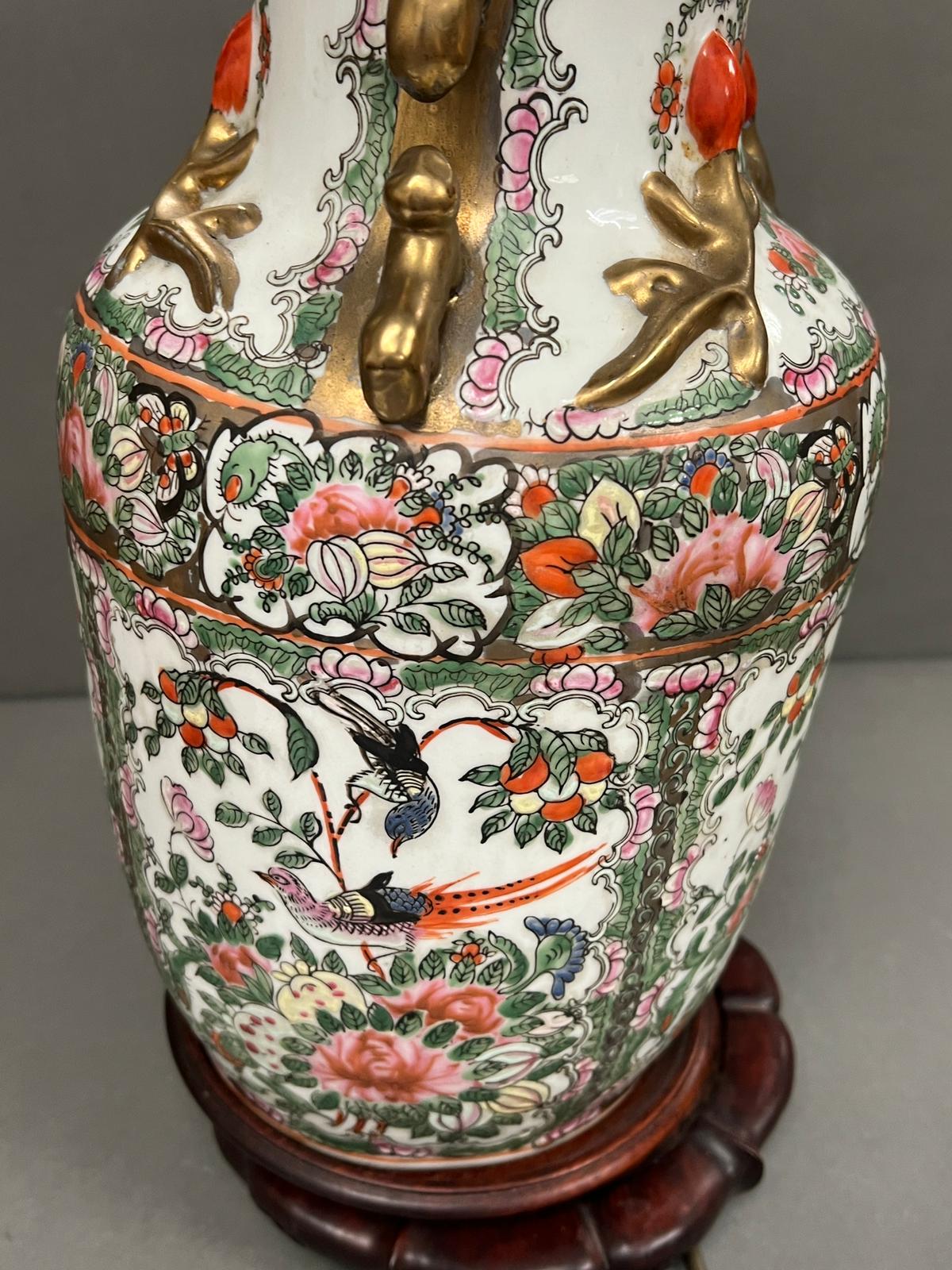 A Chinese Canton Famille Rose vase, decorated floral and foliate scroll ground, converted to a lamp - Image 4 of 6