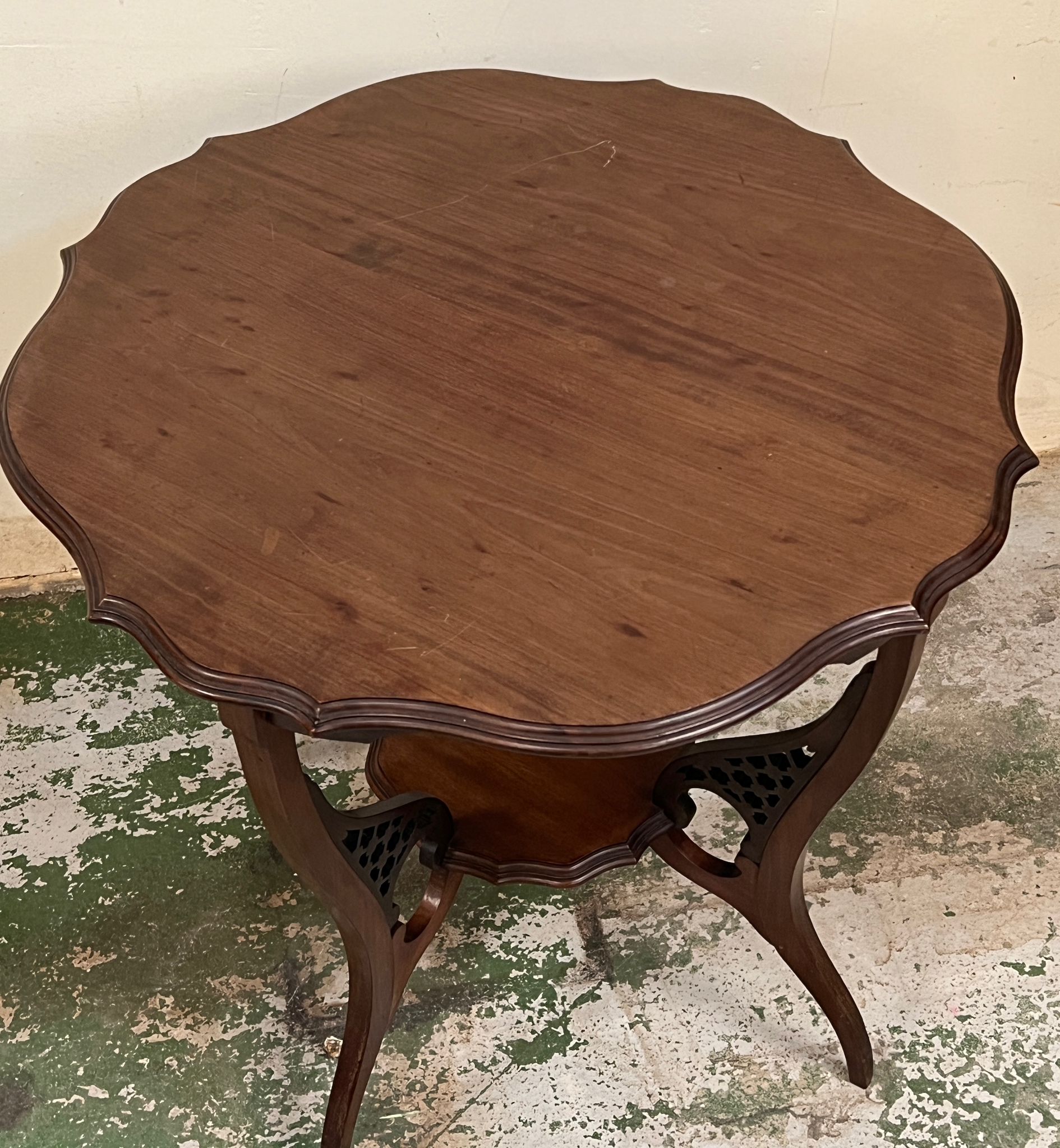 A scrolled Edwardian window table shaped top mounted on out curved legs and feet which are jointed - Image 3 of 3