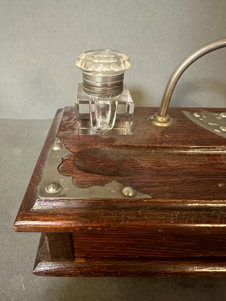 An oak ink stand or desk tidy with two ink wells and drawers under - Image 3 of 4