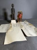 A hand made model of an English Sentry with bear skin and design sketches