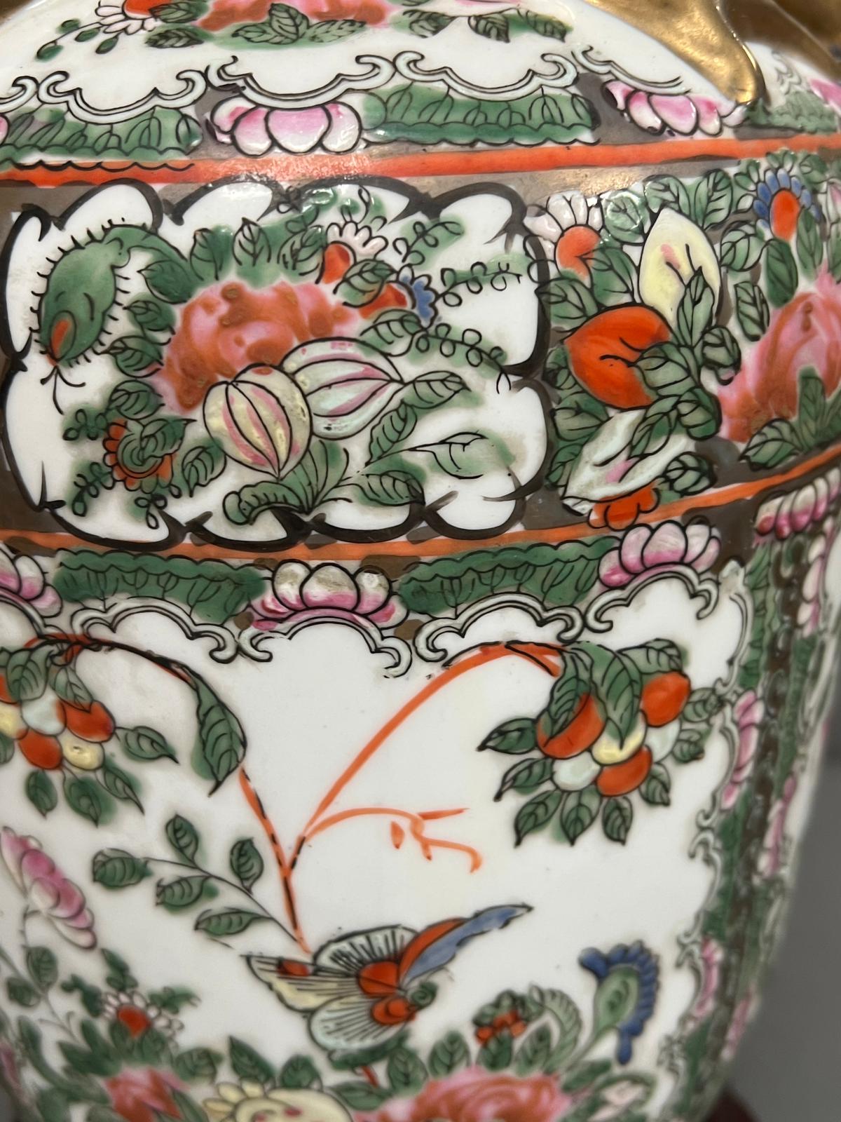 A Chinese Canton Famille Rose vase, decorated floral and foliate scroll ground, converted to a lamp - Image 6 of 6