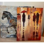 Two contemporary canvas, "Horse" and "Lady in the Rain" (80cm x 82cm)